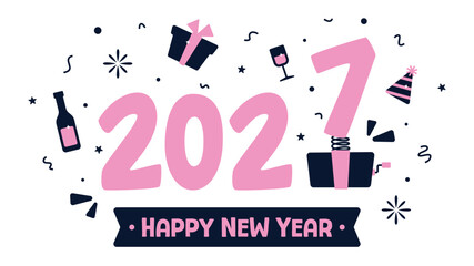 Happy New Year 2027 greetings on white horizontal background featuring holiday elements suitable for holiday events, promos, and festive designs.