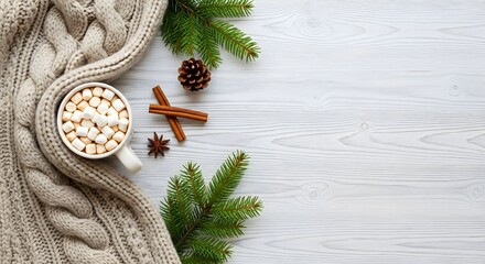 Cozy beige knit scarf with a mug of marshmallows and pine branches on a light wooden background