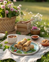 Spring Rolls and Dipping Sauces with Flowers Outdoor