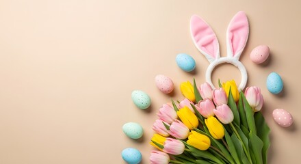 Easter bunny ears with colorful eggs and tulips flat lay
