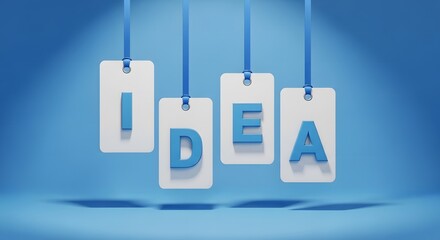 Four white rectangular cards with blue letters spelling I D E A hanging on strings against blue