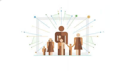 Large Family Unit Connected by Digital Network Lines: Conceptual Illustration of Modern Data, Security, and Social Bonds