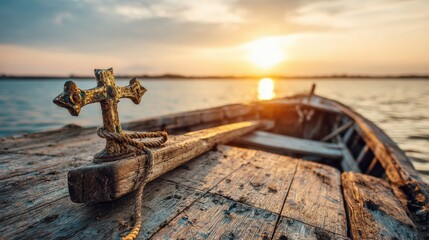 Wooden Boat with Cross Ornament at Sunset