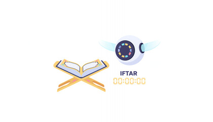 Islamic Technology Concept: Quran and AI Robot Announcing Iftar Time Countdown for Ramadan Fasting