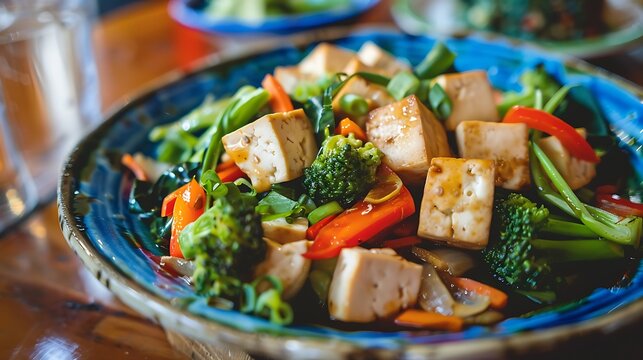 A plate of tofu stir-fry with mixed vegetables