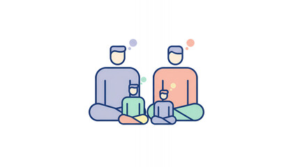 Family Group Meditation and Mindfulness Concept Icon. Parents and Children Sitting in Lotus Pose for Peace, Mental Health, and Wellness.