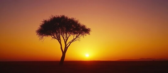Sunset silhouette of lone tree in African savanna. Peaceful nature scene for desktop