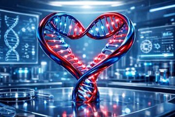 Heart-shaped DNA helix in futuristic laboratory with glowing screens