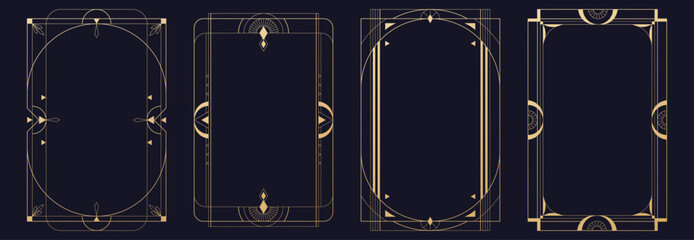 Gatsby art deco frame collection with elegant gold borders and geometric patterns. Luxury vintage design with ornament lines, classic 1920s style elements on dark background for invitations or posters