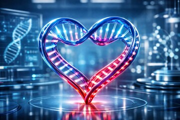 Heart shaped DNA helix glowing with vibrant blue and red light in futuristic laboratory