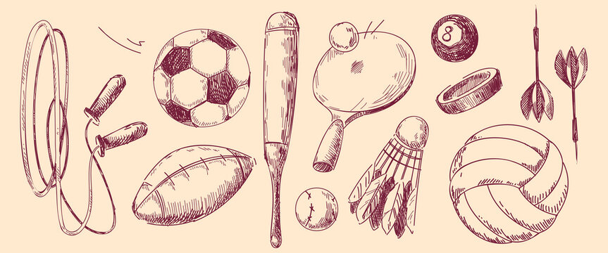 Sport doodle collection with vintage hand drawn icons. Sketch set of soccer ball and tennis racket, baseball bat, rope and various athletic equipment in retro line art style on beige background.