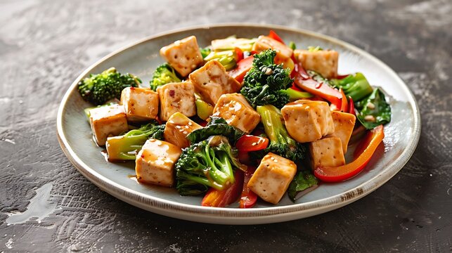 A plate of tofu stir-fry with mixed vegetables