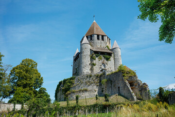 Historic stone Caesar Tower in Provins surrounded by lush trees