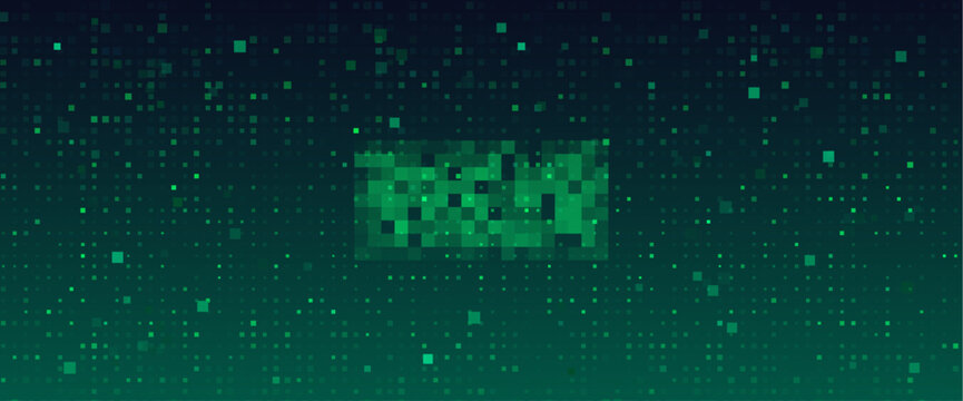 Pixel art background with green gradient texture - digital bitmap pattern with scattered squares and glitch effect. Retro 8 bit screen with dithered mosaic and arcade style LED panel aesthetic.