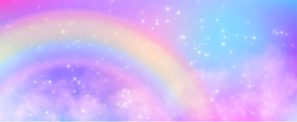 Unicorn rainbow background with sparkling bokeh lights and gradient. Watercolor sky with glittering stars. Dreamy princess backdrop with kawaii magic sparkles and soft fairy tale atmosphere. © klyaksun