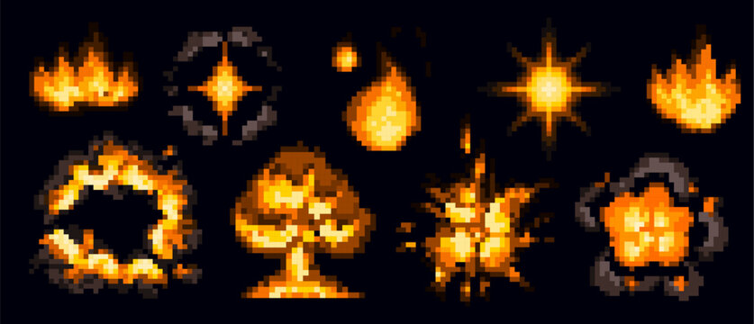 Pixel art explosion in glowing yellow orange flames and bright energy bursts on black. Retro 8 bit game elements with pixelated blasts, vintage arcade attack animations, dramatic boom effects on dark