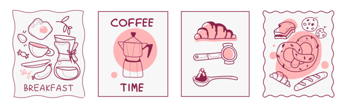 Cafe breakfast posters set on white background. Vector illustration of doodle coffee kettle and cup, fried egg with sausage, fresh croissant and pretzel in rectangular and wavy frames, retro menu