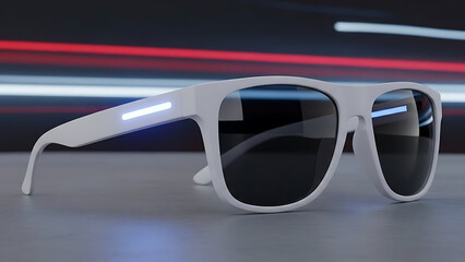 A pair of futuristic white sunglasses with dark lenses