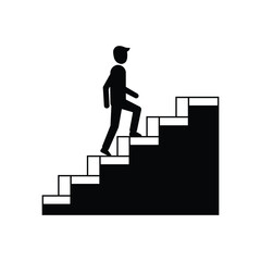 Flat vector illustration of a man walking up stairs symbolizing career growth, success, motivation and progress, minimal black and white design
