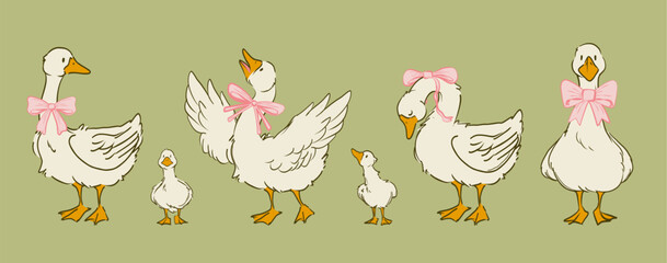 Cute cottagecore goose characters with pink bows isolated on pink background. Vector cartoon illustration of funny white geese with coquette ribbon, decoration for vintage Easter card, farm birds © klyaksun