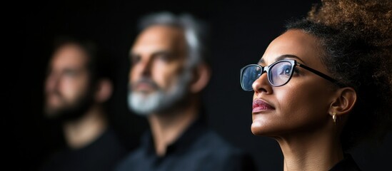 Diverse team looking up, hopeful future, dark background, leadership