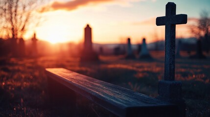 Sunset cemetery bench cross grief remembrance