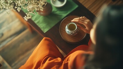 Woman enjoys tea ceremony, Asian home, sunlight, calm