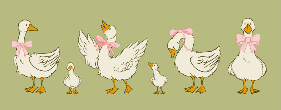 Cute cottagecore goose characters with pink bows isolated on pink background. Vector cartoon illustration of funny white geese with coquette ribbon, decoration for vintage Easter card, farm birds