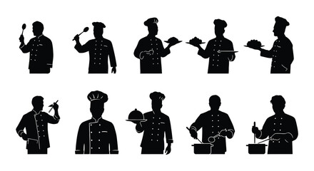 Culinary artistry a collection of black silhouette chefs and food illustrations