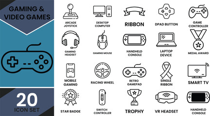 A comprehensive collection of 20 vector line art icons illustrating various gaming and video game concepts, presented on a segmented blue and… ©  Pixel iconsBox