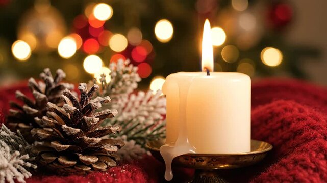 A lit white candle sits next to a frosted pinecone on a red knitted blanket, with a blurred Christmas tree and lights in the background.