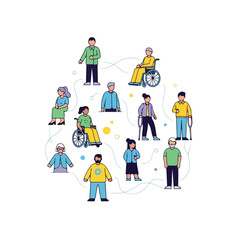 Naklejka premium Illustration of diverse elderly people standing and in wheelchairs, connected by lines, against a white background with a colorful and inclusive mood.