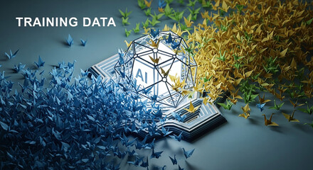 3D Conceptual Render of AI Core and Origami Data Stream