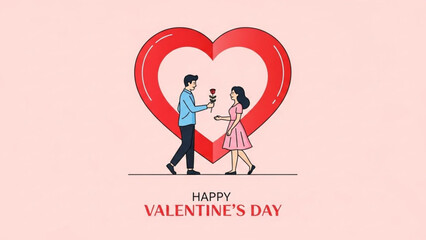 Man giving woman a rose in front of large red heart on valentine's day with valentine s day