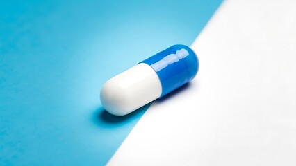 Striking macro photograph of a glossy blue and white pharmaceutical capsule resting diagonally across a contrasting background of bright blue and stark white surfaces.