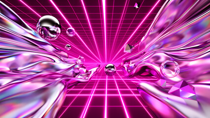 Neon laser grid road with glossy pink liquid metal synthwave landscape
