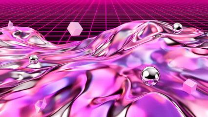 Pink liquid metal synthwave background with neon grid and spheres
