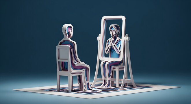 Conceptual 3D Paper Cut Person Facing Reflection in Mirror