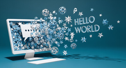 3D Render of 'Hello World' Code Output Bursting from a Computer Screen