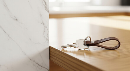 A macro close-up of a modern house key with a simple leather keychain, resting on a polished oak kitchen island. The background is a soft-bokeh blur of a bright, airy kitchen