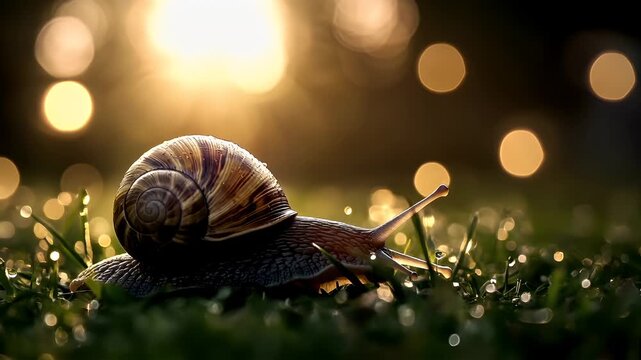 Spring booming. Life. New hope. Season. A closeup of a snail on grass with dewdrops, set against a bokeh background with a warm, golden hue.