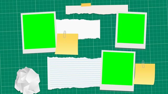 Animated Bulletin board template with empty photo frame, blank paper and sticky notes on cutting mat 
