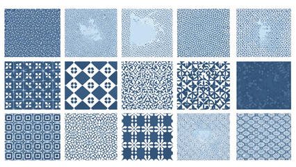 Collage of various blue patterned textures and designs displayed in a grid arrangement