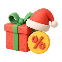 Festive gift box with santa hat and percent sign on transparent background