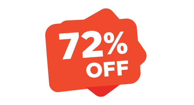 Striking seventy-two percent price reduction graphic in a bold red speech bubble shape, clearly highlighting a fantastic promotional offer on a