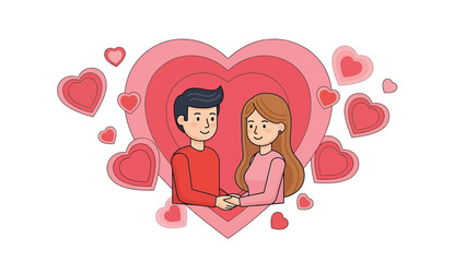 Obraz premium Illustration of a cartoon couple holding hands surrounded by hearts in a pink and red color scheme on a white background.