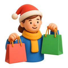 Cartoon illustration of a smiling girl with shopping bags wearing a santa hat on transparent
