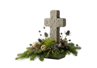 A rustic christian funerary arrangement with a stone cross, fir, moss, and dried plants on a white background with copy space, concept of mourning and faith