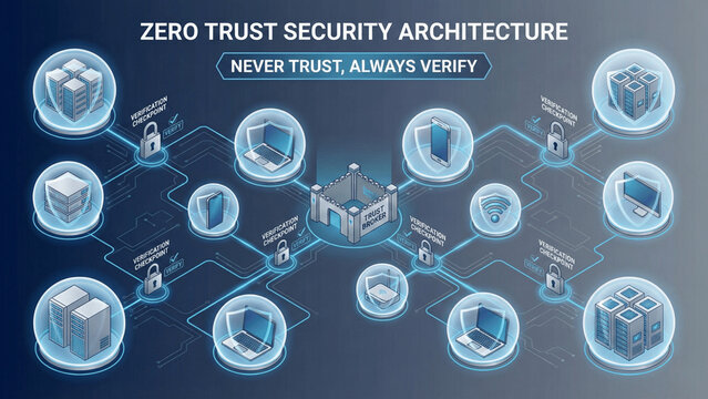 Zero Trust Security Architecture Diagram with Network Devices and Verification Checkpoints