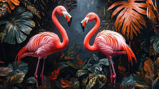 Artistic flamingo with jungle leaves and blossoms high resolution image